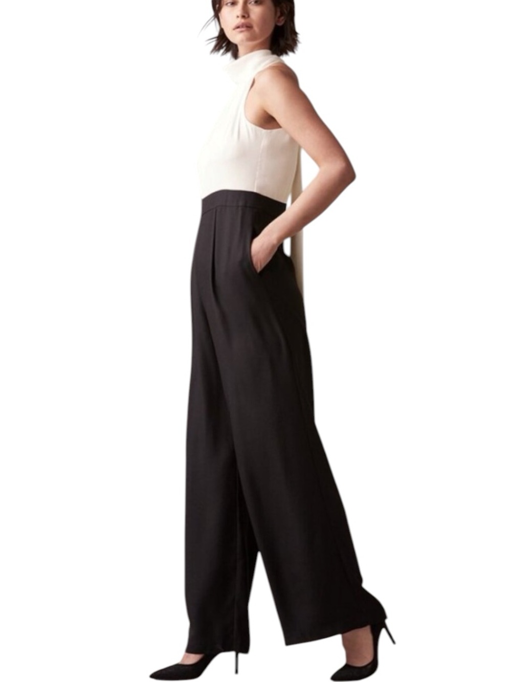JW Jason Wu Halter Jumpsuit Women’s Size 16 Ivory Black Back Tie Zip Lined